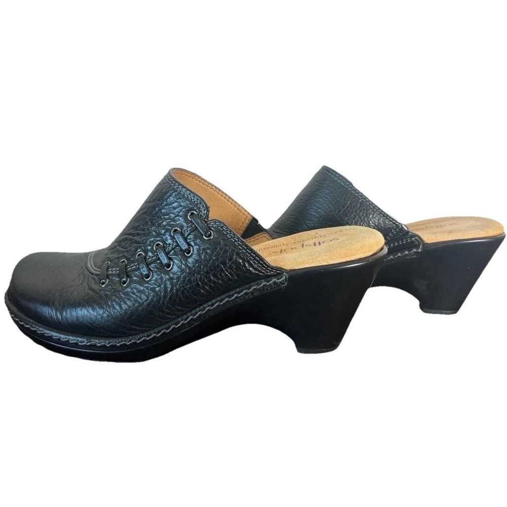 Softspots Womens 7.5W Black Leather Wedge Mules Clogs Comfort Shoes